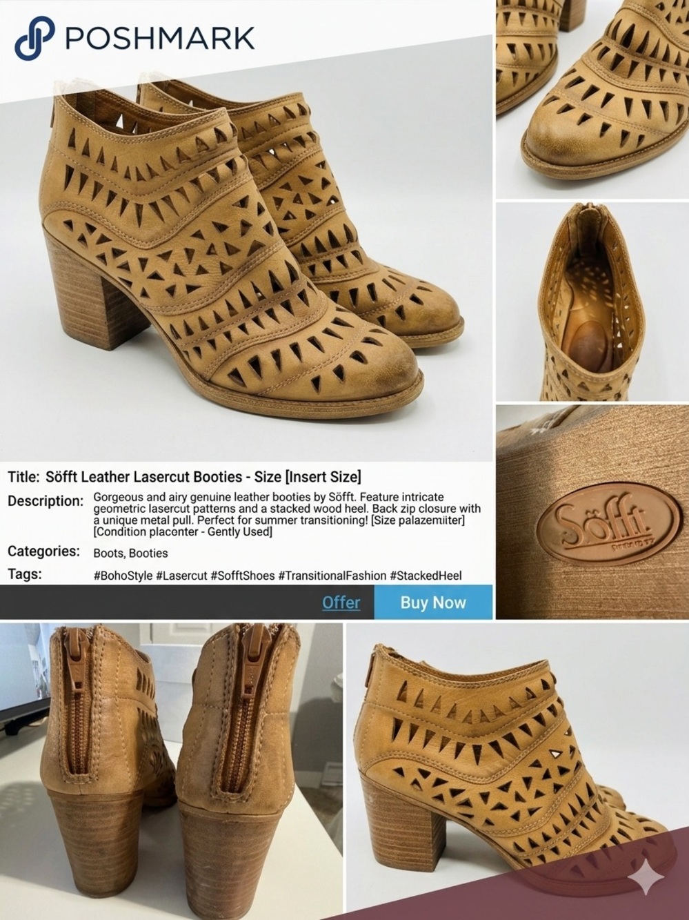 SÖFFT Leather Laser-Cut Peep Toe Booties Sandals - Tan/Cognac - Size 8